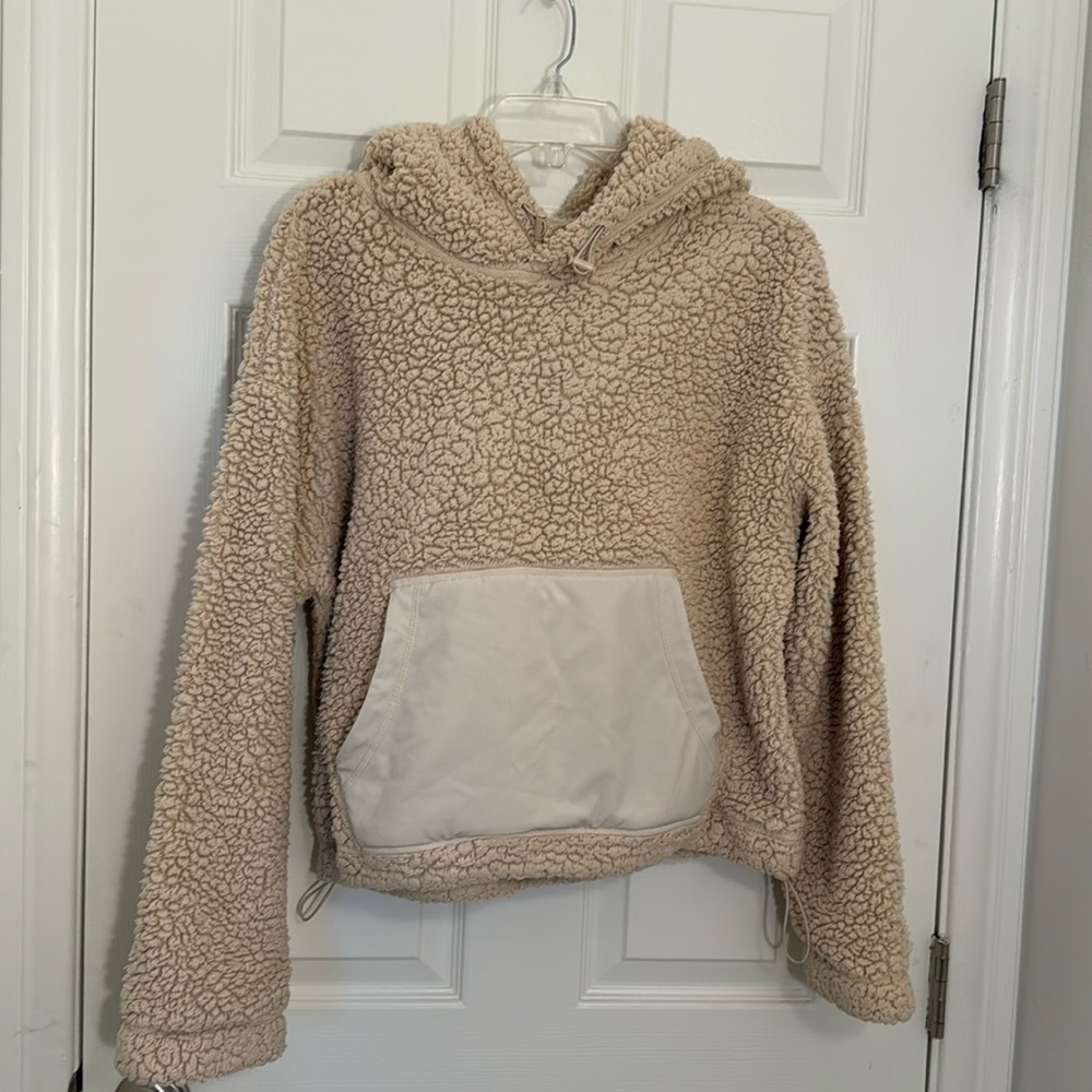 Zella Women's Faux Shearling Hoodie - Cream/Tan Size M Plush Cozy